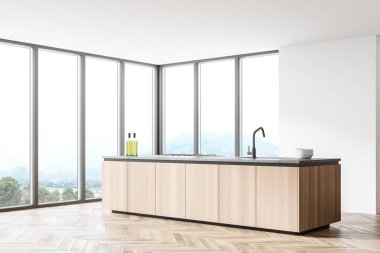 Beyaz duvarları, ahşap zemini ve ahşap adası olan panoramik mutfağın köşesi. 3d oluşturma