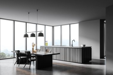 Gri duvarları, beton zemini, tahta adası ve yemek masası olan panoramik mutfağın köşesi. 3d oluşturma