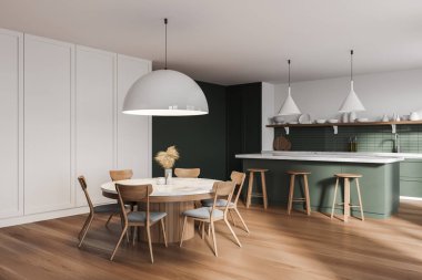 Beyaz ve yeşil duvarları olan şık bir mutfağın köşesi, ahşap zemin, yeşil dolaplar ve yemek masası. 3d oluşturma