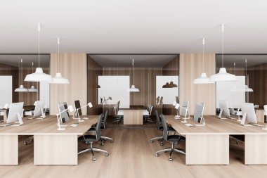 Ahşap ve cam duvarları, ahşap zemini ve cam kapıların arkasında bilgisayar masaları olan şık ofis lobisi. 3d oluşturma