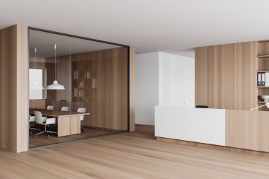 Beyaz ve ahşap duvarlı modern bekleme odasının köşesi, ahşap zemin ve resepsiyon masası. 3d oluşturma