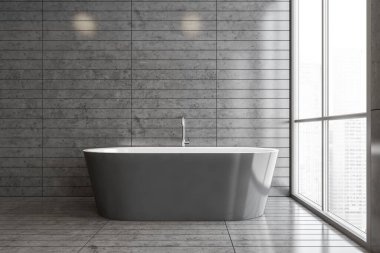 Gri fayanslı duvarları, zemini ve rahat küveti olan şık bir banyo. 3d oluşturma