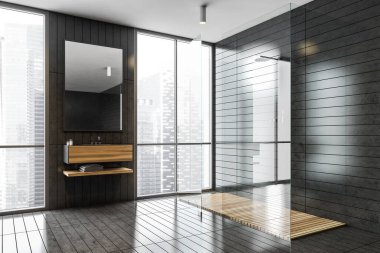 Gri fayanslı duvarları ve zemini olan şık banyonun köşesi, lavabo ve rahat duş kabini. 3d oluşturma