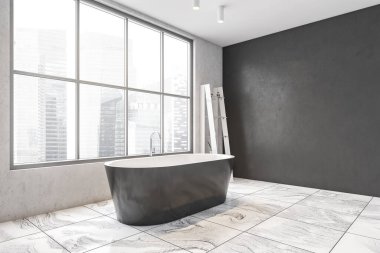 Fayanslı zeminde büyük gri bir küvet ve köşedeki jeller için beyaz bir raf. Modern banyonun gri ve beyaz minimalist tasarımı daire, yan manzara, gökdelenler şehir manzarası 3D