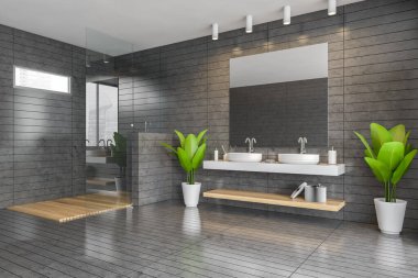 Modern banyonun köşesinde gri fayanslı duvarlar, duş kabini ve aynalı çift lavabo. 3d oluşturma