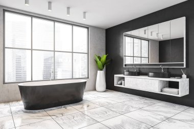 Siyah küvetli açık uzay banyosu, siyah duvarında ayna olan iki lavabo. Döşeme döşeme döşeme ve şehir manzaralı büyük pencere, köşede bitki. 3D görüntüleme, insan yok