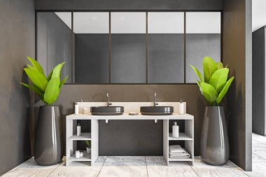 Lavaboların beyaz ve siyah tasarımı, jel ve havlularla dolu iki lavabo. Ayna ve iki bitki. Lüks daire için minimalist banyo tasarımı. 3D 'de insan yok.