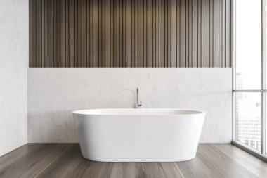 Banyoda beyaz küvet, lüks daire için minimalist beyaz ve ahşap tasarım. Tahta zemin ve gökdelenlerin şehir manzaralı büyük penceresi, 3 boyutlu, kimseyi göstermiyor.