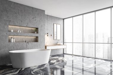 Modern banyonun köşesinde beton duvarlar, mermer zemin, rahat küvet ve aynalı iki yuvarlak lavabo. 3d oluşturma