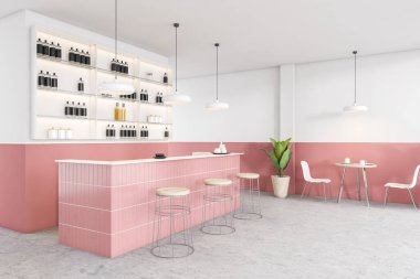 Beyaz ve pembe kafe içi, raflarda şişeler olan bar tezgahı. Gri mermer zemindeki hafif kafe mobilyalarının yan görüntüsü. 3D görüntüleme, insan yok