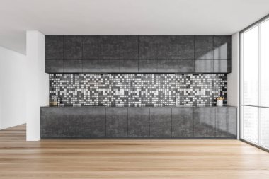 Gri mutfak ahşap zeminde, beyaz ve siyah kare arka planda. Modern daire için minimalist gri mutfak tasarımı. 3D, kimseyi göstermiyor.