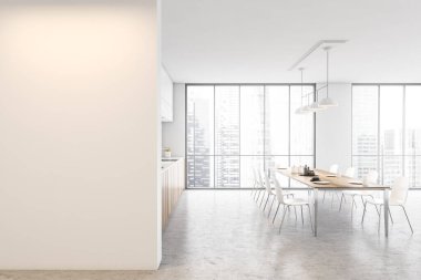 Beyaz ve ahşap minimalist mutfakta taklit alanı, sandalyeli yemek masası, şehir manzaralı pencere. Açık modern mutfakta uzun yemek masası, 3 boyutlu, insan yok.