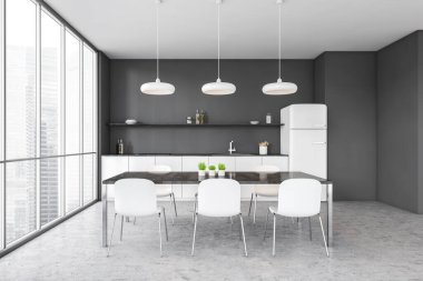 Beyaz mutfak seti, fırın ve buzdolabı ile gri ve beyaz yemek odası, ön manzara. Gri mermer zeminde altı beyaz sandalyeli yemek masası, üç boyutlu görüntüleme, insan yok.