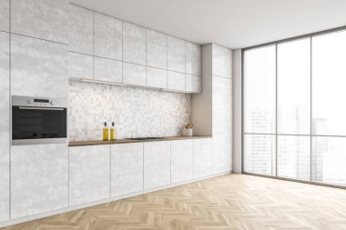 Modern mutfağın köşesinde beyaz duvarlar, ahşap zemin ve lavabo ve fırında yapılmış mermer dolaplar. 3d oluşturma