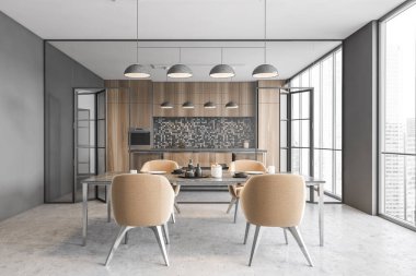 Beyaz duvarları, ahşap zemini, lavabosu, ocağı ve adası olan mermer dolapları olan modern mutfağın içi. Ön tarafta yemek odası var. 3d oluşturma