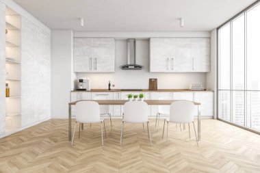 Beyaz duvarları, ahşap zemini, beyaz dolapları ve sandalyeli yemek masası olan modern mutfağın içi. 3d oluşturma