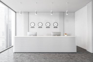 Beyaz duvarları, beton zemini, resepsiyon masası ve saatleri olan modern ofis. 3d oluşturma