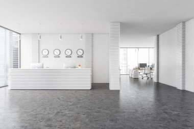 Beyaz duvarları, beton zemini, resepsiyon masası ve saatleri olan modern ofis. Sağ tarafta uzay ofisi aç. 3d oluşturma
