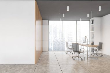 Beyaz ve ahşap ofis danışma odasında, üç sandalyeli ve ahşap masalı, şehir manzaralı büyük pencerenin yanında bir kopya alanı. Modern minimalist ofis odası, 3 boyutlu, insan yok.
