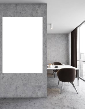 Yemek odasında, pencerenin yanındaki sandalyeli ve masalı, gri duvarlı ve zeminli bir tuval. Yemek odasının minimalist tasarımı. Kahverengi sandalyeli ve masalı. 3 boyutlu.