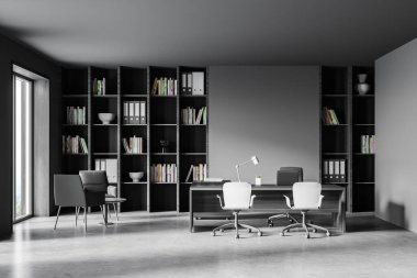 Gri duvarları, beton zemini, uzun konferans masası ve kitaplıkları olan şık toplantı odasının içi. 3d oluşturma