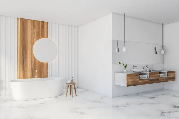 Esquina Elegante Baño Con Paredes Blancas Madera Suelo Mármol Cómoda — Foto de Stock