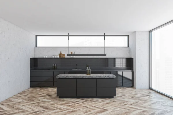 现代厨房的内部有白色的墙壁 木制的地板 灰色的橱柜和岛屿 3D渲染 — 图库照片