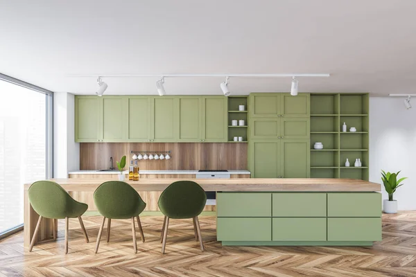 白と緑の壁 木製の床 緑の食器棚とダイニングテーブル付きのモダンなキッチンのインテリア 3Dレンダリング — ストック写真