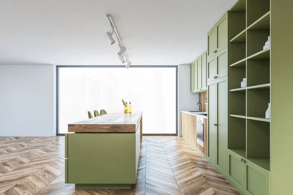 Zijaanzicht Van Moderne Keuken Met Witte Groene Muren Houten Vloer — Stockfoto