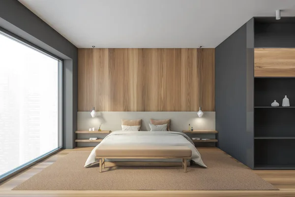 木制简约的卧室设计与米黄色的床与亚麻布在地毯上 花篮地板 灰色木墙和大衣橱3D渲染 没有人 — 图库照片