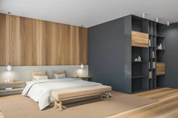 Drewniany Minimalistyczny Design Sypialni Beżowym Łóżkiem Pościelą Dywanie Parkiecie Widok — Zdjęcie stockowe