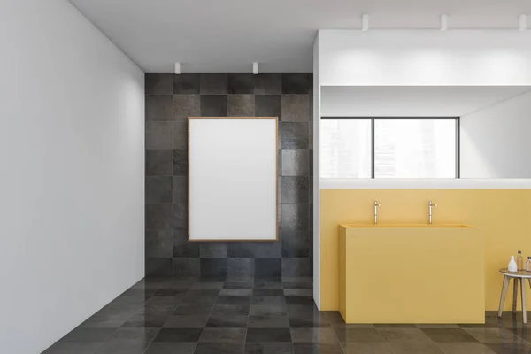 Moldura Branco Mockup Banheiro Azulejo Cinza Com Lavatório Amarelo Duas — Fotografia de Stock