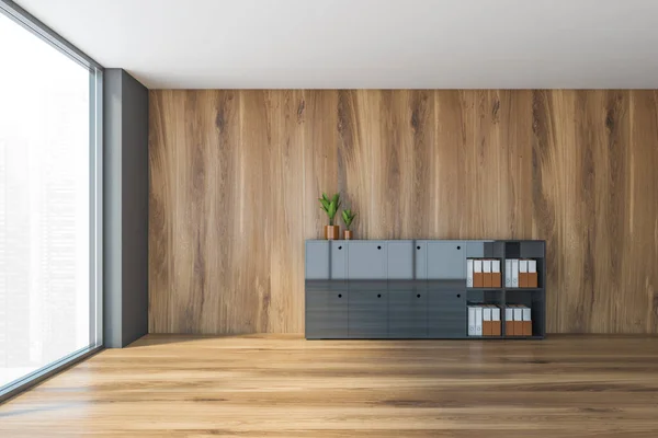 Wooden Office Room Grey Shelf Bookcase Folders Plants Open Space — Stock Photo, Image