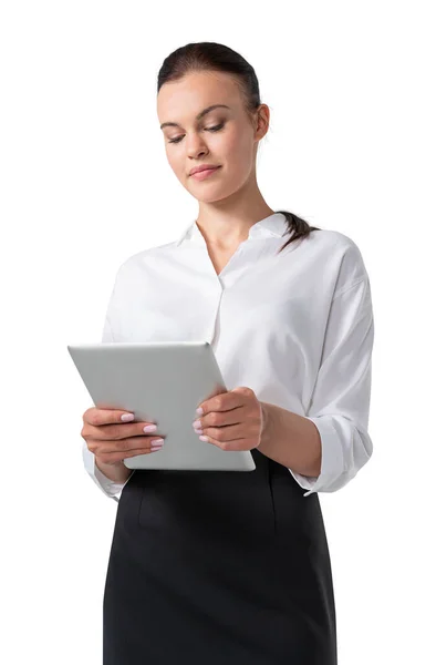 Isolated Portrait Young Businesswoman Using Tablet Computer Concept Internet Technology — Stock Photo, Image