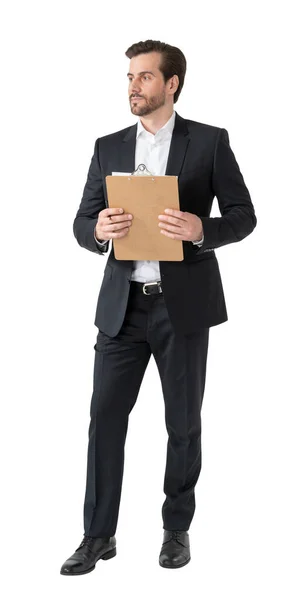 Isolated Full Length Portrait Young Businessman Clipboard Concept Paperwork Leadership — Stock Photo, Image