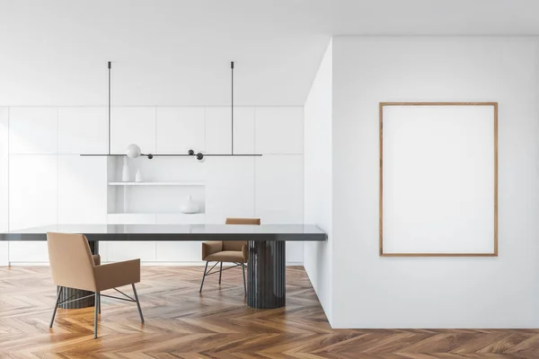 全景现代厨房的内部有白色的墙壁 木制的地板和灰色的餐桌 模仿海报 3D渲染 — 图库照片