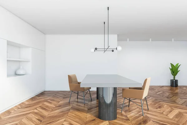 现代厨房侧视图 白色的墙壁 木制的地板和灰色的餐桌 3D渲染 — 图库照片