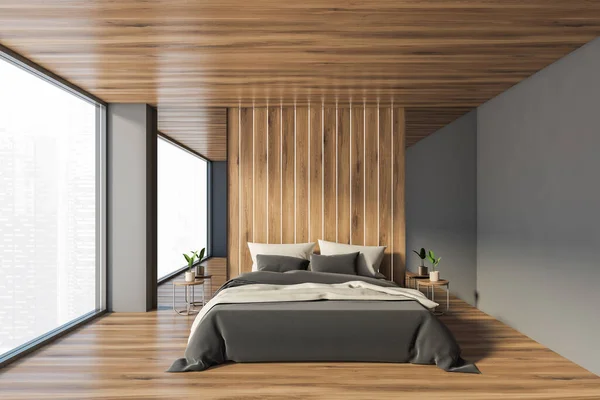 Vorderseite Des Minimalistischen Hauptschlafzimmers Mit Grauen Und Hölzernen Wänden Holzboden — Stockfoto