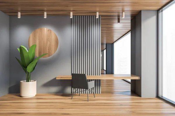 带有灰色墙壁 木制地板和灰色扶手椅的简约家庭办公室的内部 3D渲染 — 图库照片