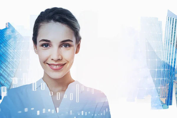 Portrait Cheerful Young Businesswoman Working Blurry Modern City Double Exposure — Stock Photo, Image