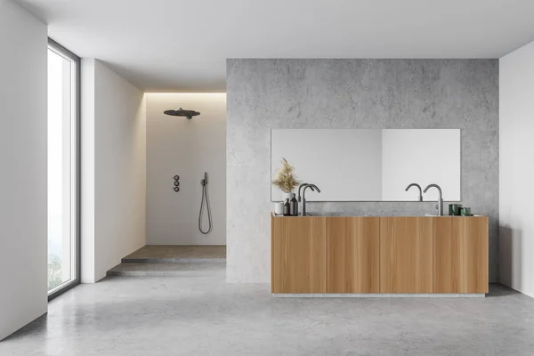 现代化浴室的内部有白色和混凝土墙 混凝土地面 双水池和淋浴间 3D渲染 — 图库照片