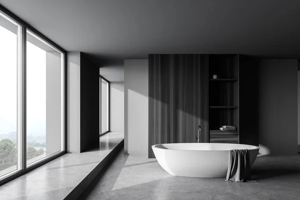 现代化浴室的内部有灰色和木制墙壁 混凝土地面和舒适的浴缸 3D渲染 — 图库照片