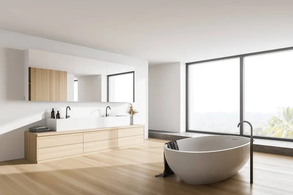 Corner Stylish Bathroom White Wooden Walls Wooden Floor Comfortable Bathtub — Stock Photo, Image