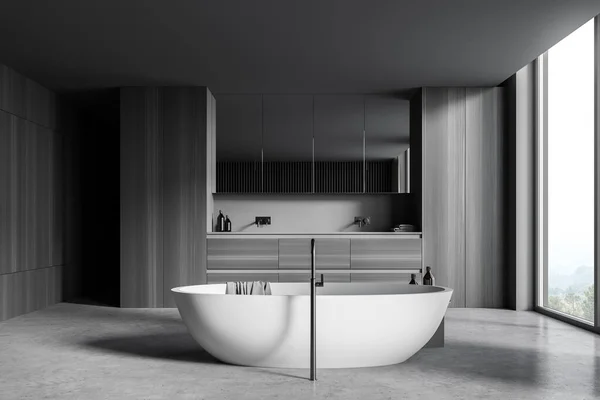 Inteiror Stylish Bathroom Wooden Walls Concrete Floor Comfortable Bathtub Double — Stock Photo, Image