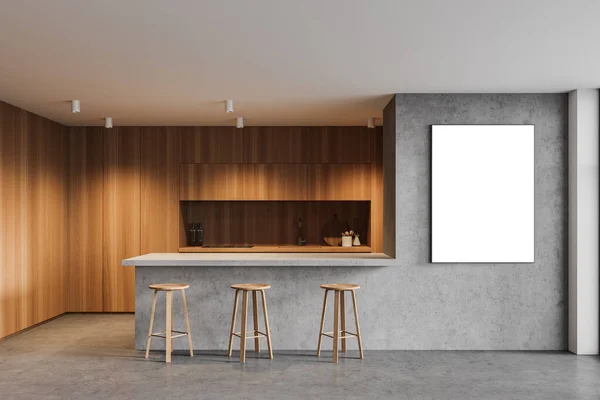 Interior Cozinha Moderna Com Paredes Madeira Concreto Piso Concreto Armários — Fotografia de Stock