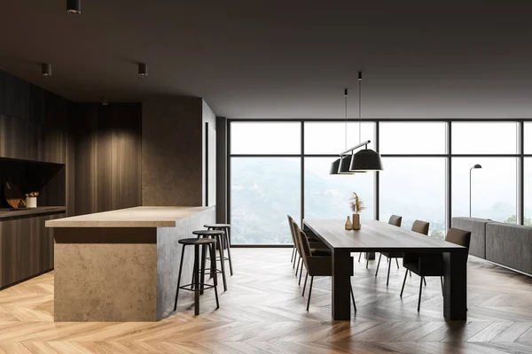 Seitenansicht Der Stilvollen Küche Mit Dunklen Holz Und Betonwänden Holzboden — Stockfoto