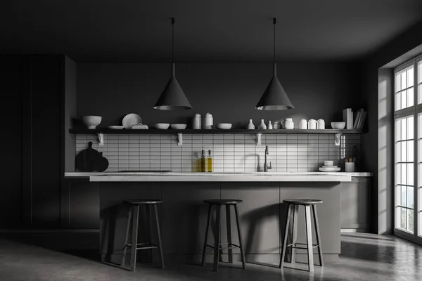白とグレーの壁 コンクリート床 グレーの食器棚とバーとスタイリッシュなキッチンのインテリア 3Dレンダリング — ストック写真