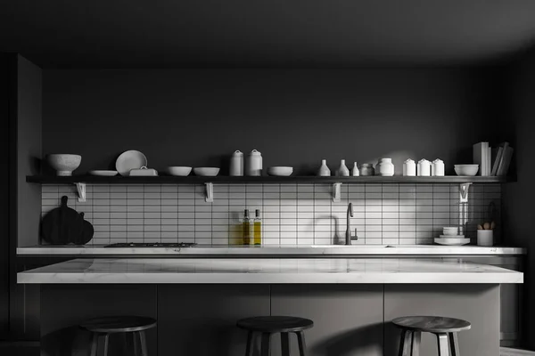 Close Stylish Kitchen White Gray Walls Concrete Floor Gray Cupboards — Stock Photo, Image
