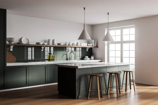 Hoek Van Moderne Keuken Met Witte Groene Muren Houten Vloer — Stockfoto