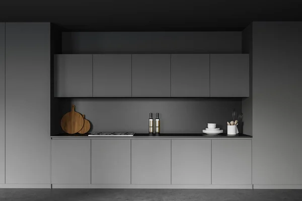 时尚厨房的内部 带有深灰色墙壁 混凝土地面和灰色橱柜 3D渲染 — 图库照片